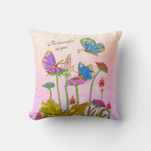 As Beautiful As You Pink Flowers & Blue Butterfly Cushion