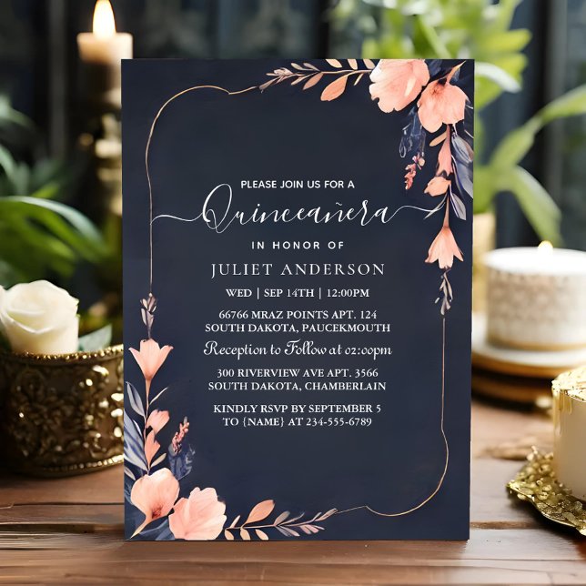 As Glam Ball Gown Spark Dark Navy Blue Quinceanera Invitation (Creator Uploaded)