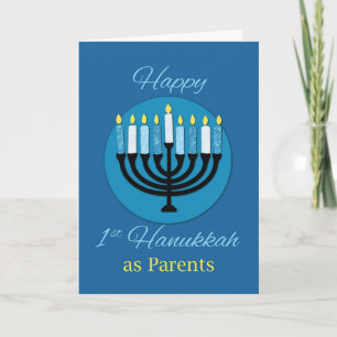 As Parents First Hanukkah Menorah on Dark Blue Card