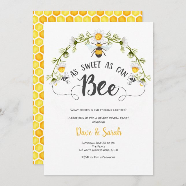 As sweet as can bee, Gender Reveal Party Invitation (Front/Back)