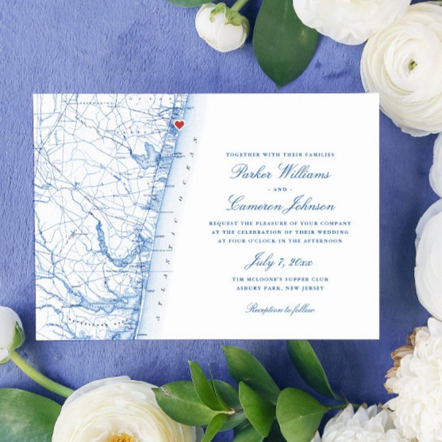 Asbury Park New Jersey Map Elegant Navy Wedding Invitation (This Asbury Park New Jersey wedding invitation is perfect for your elegant Jersey Shore wedding)