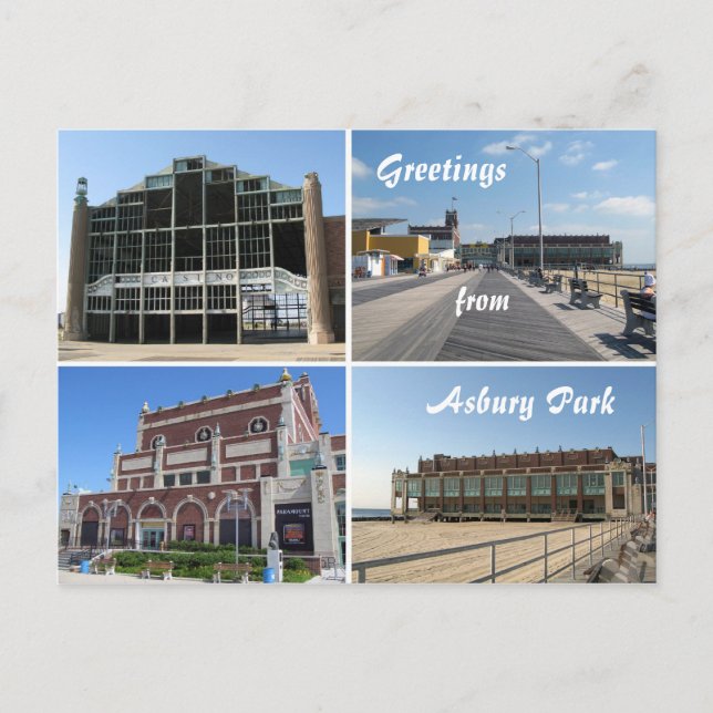 Asbury Park NJ landmarks and boardwalk, Greetin... Postcard (Front)