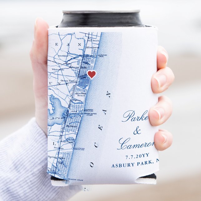 Asbury Park NJ Map Wedding Favour Navy Blue Drink Can Cooler (Asbury Park NJ Wedding Favor Coozie elegant navy blue can cooler keepsake from Coastal Map Designs)