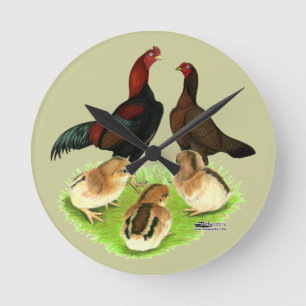 Aseel Black Red Chicken Family Round Clock