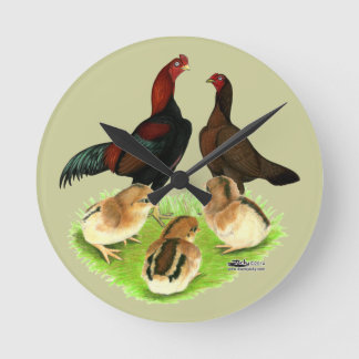Aseel Black Red Chicken Family Round Clock