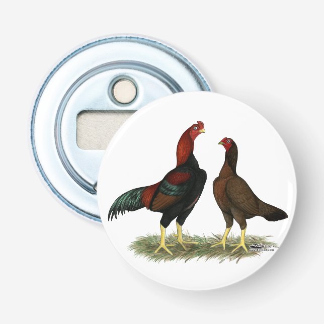 Aseel Black Red Chickens Bottle Opener (Front)