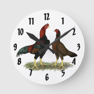 Aseel Black Red Chickens Round Clock