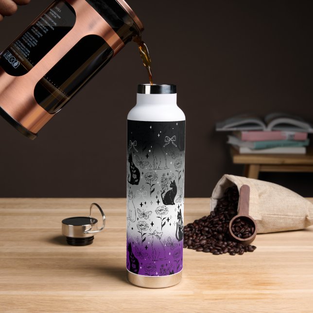 Asexual Pride Black Cat - Mystical Witchy Water Bottle (Coffee)