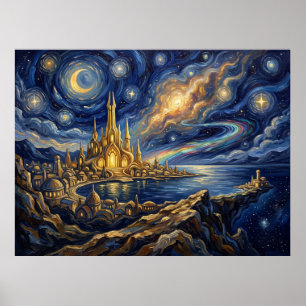 Asgard Starry Night Marvel Comic Landscape Poster