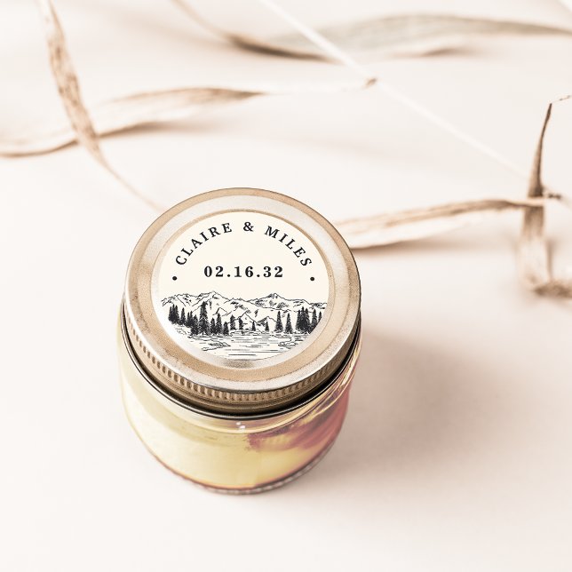 Ash Black | Mountain Sketch Personalised Wedding Classic Round Sticker (Creator Uploaded)