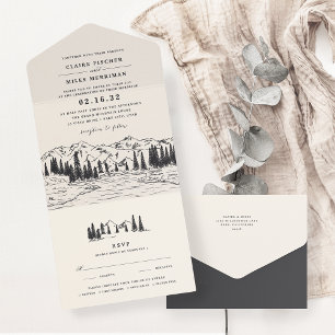Ash Black   Mountain Sketch Wedding All In One Invitation