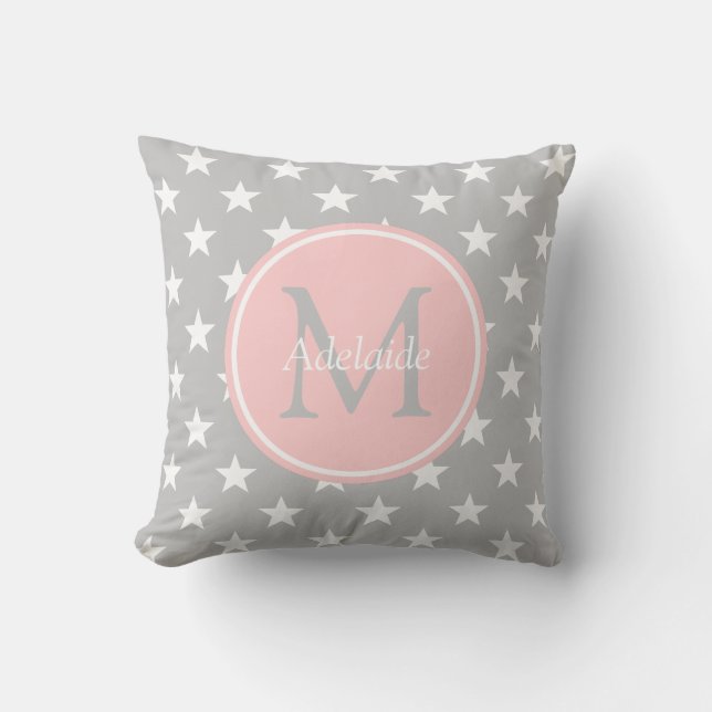 Ash Grey and Baby Pink Stars Monogram Cushion (Front)