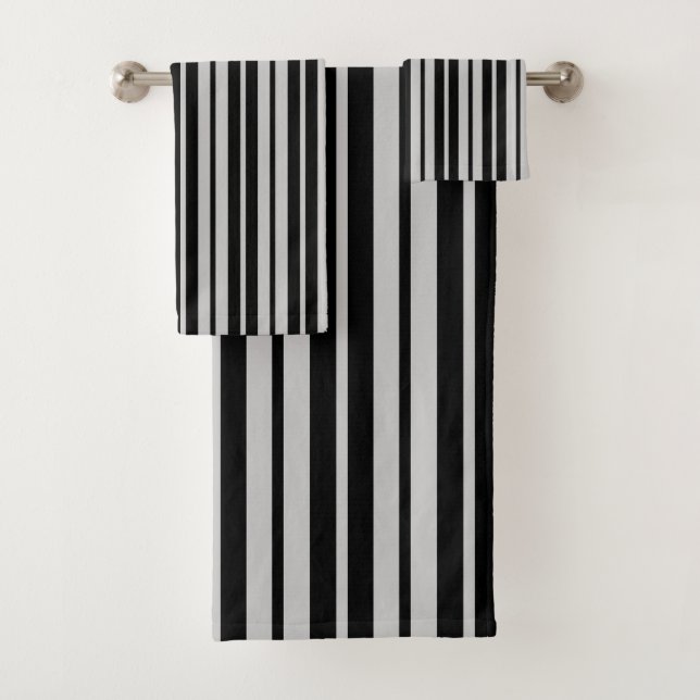 Ash Grey Black Vertical Stripes Pattern Design Bath Towel Set (Insitu)