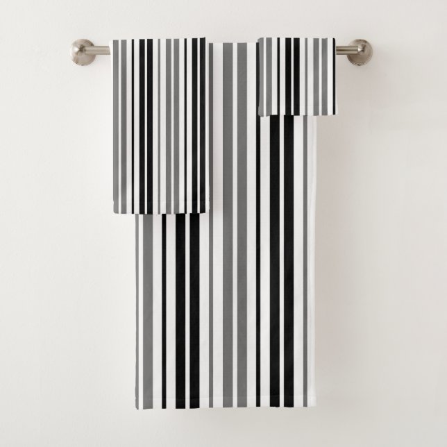 Ash Grey Black White Stripes Pattern   Bath Towel Set (Insitu)