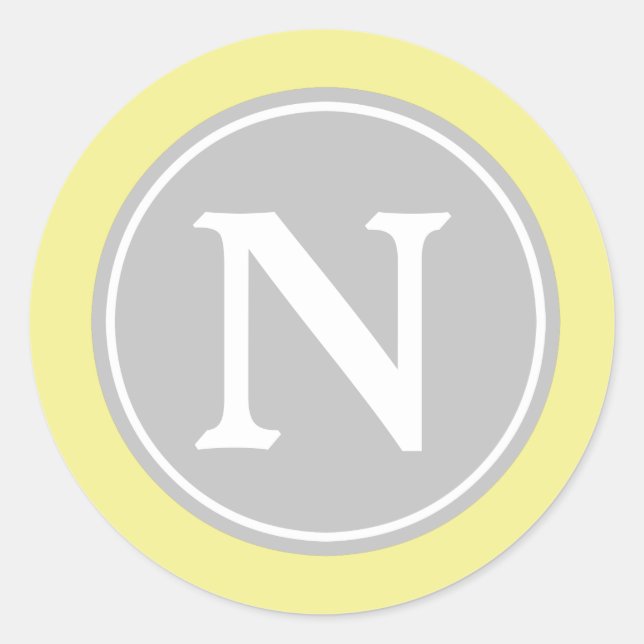 Ash Grey Butter Yellow and White Monogram Classic Round Sticker (Front)