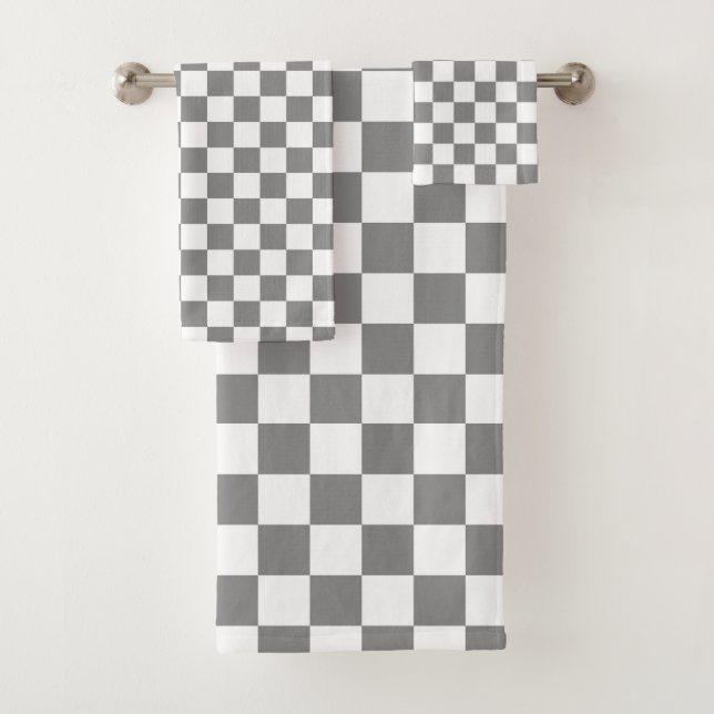 Ash Grey White Chequered Check Pattern Bath Towel Set (Insitu)