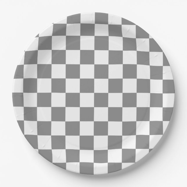 Ash Grey White Chequered Check Pattern Paper Plate (Front)