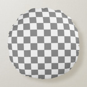 Ash Grey White Chequered Check Pattern Round Cushion