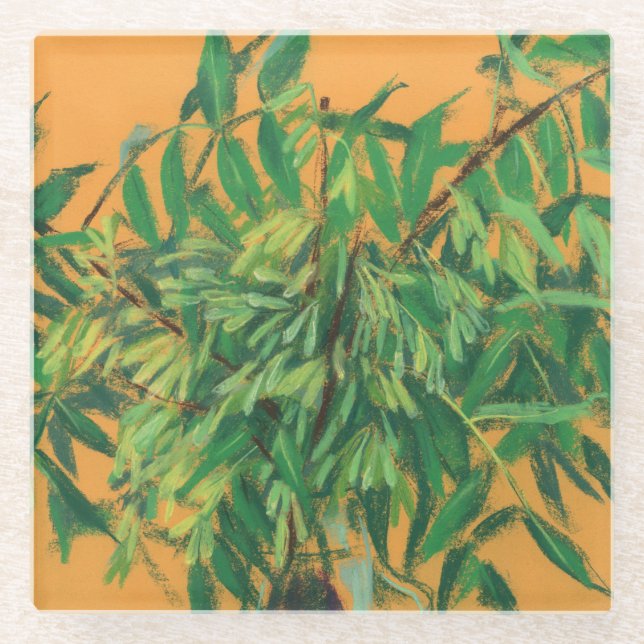 Ash-tree, green yellow summer greenery floral art glass coaster (Front)