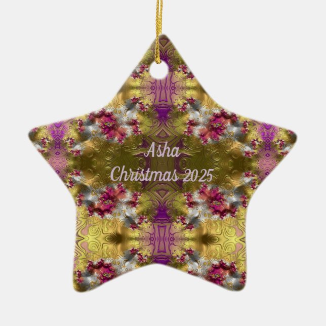 ASHA ~ Gold Christmas Star Fractal ~ Ceramic Tree Decoration (Front)