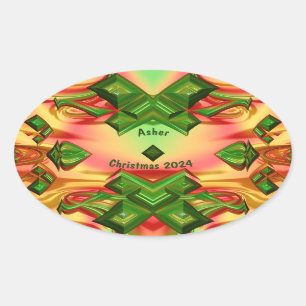 ASHER ~ CHRISTMAS 2024 Green Red Yellow Fractal ~ Oval Sticker