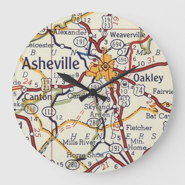 Asheville Vintage Map Large Clock (Front)
