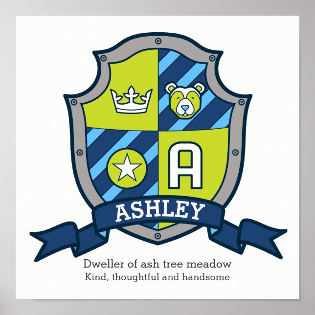 Ashley boys name meaning bear green crest poster (Front)