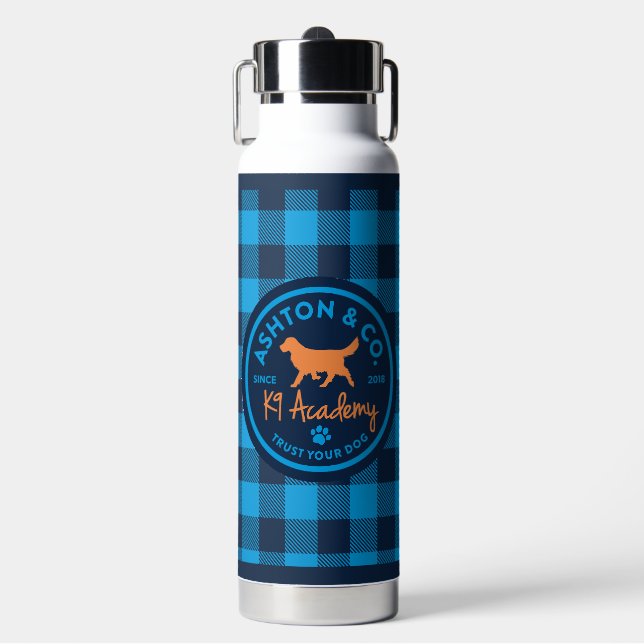 Ashton & Co. K9 Academy Blue Plaid Water Bottle (Front)