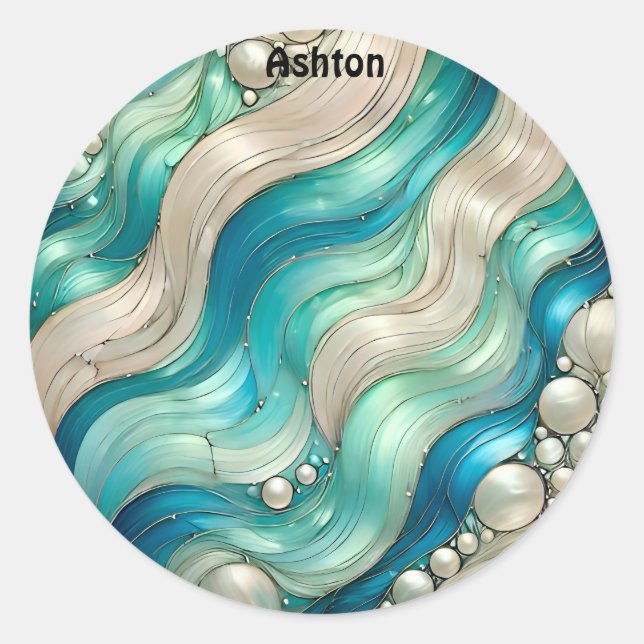 ASHTON ~ SHINY Blue White Abstract ~  Classic Round Sticker (Front)