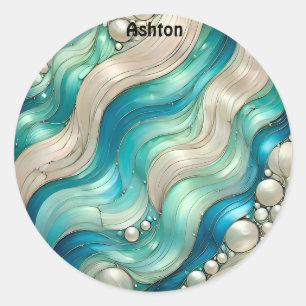ASHTON ~ SHINY Blue White Abstract ~ Classic Round Sticker