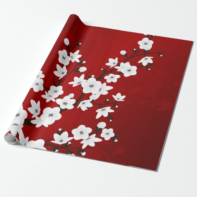 Asia Floral Red White Cherry Blossoms Wrapping Paper (Unrolled)