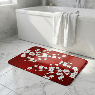 Asia Floral White Cherry Blossom Red Bath Mat