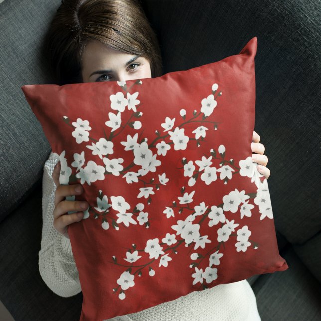 Asia Floral White Cherry Blossom Red Cushion (Creator Uploaded)