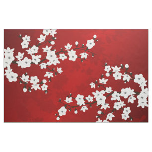 Asia Floral White Cherry Blossom Red Fabric