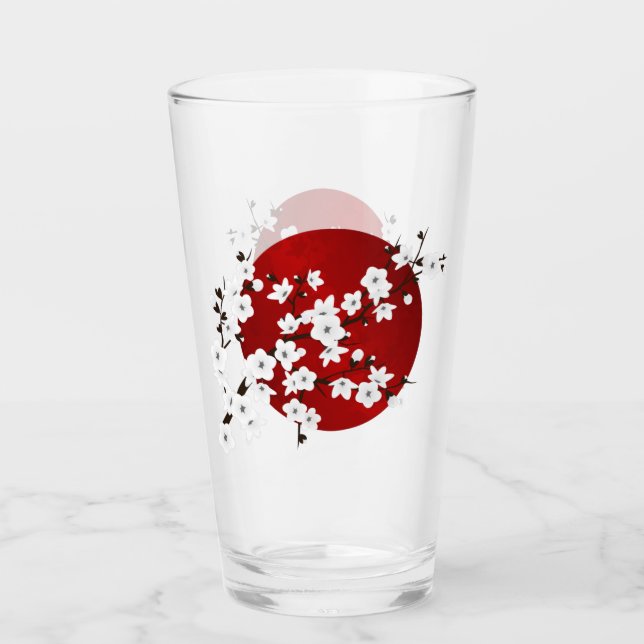 Asia Floral White Cherry Blossom Red Glass (Front)