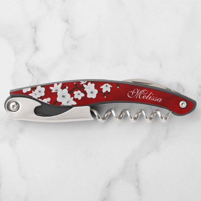 Asia Floral White Cherry Blossom Red Monogram Corkscrew (Front)