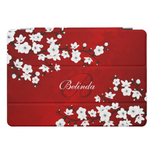 Asia Floral White Cherry Blossom Red Monogram iPad Pro Cover