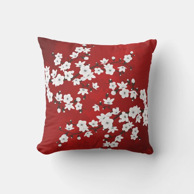 Asia Floral White Cherry Blossom Red Outdoor Cushion (Front)