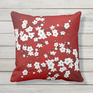 Asia Floral White Cherry Blossom Red Outdoor Cushion