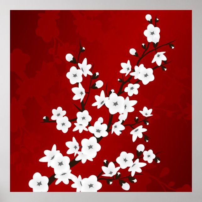 Asia Floral White Cherry Blossom Red Poster (Front)