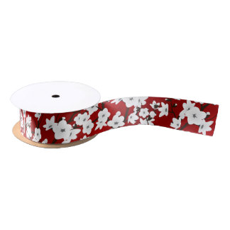 Asia Floral White Cherry Blossom Red Satin Ribbon
