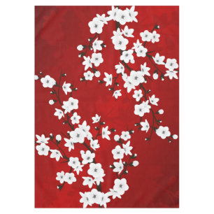 Asia Floral White Cherry Blossom Red Tablecloth
