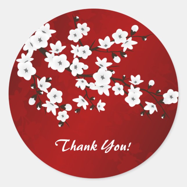 Asia Floral White Cherry Blossom Red Thank You Classic Round Sticker (Front)