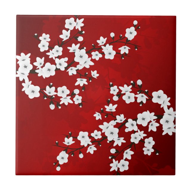 Asia Floral White Cherry Blossom Red Tile (Front)