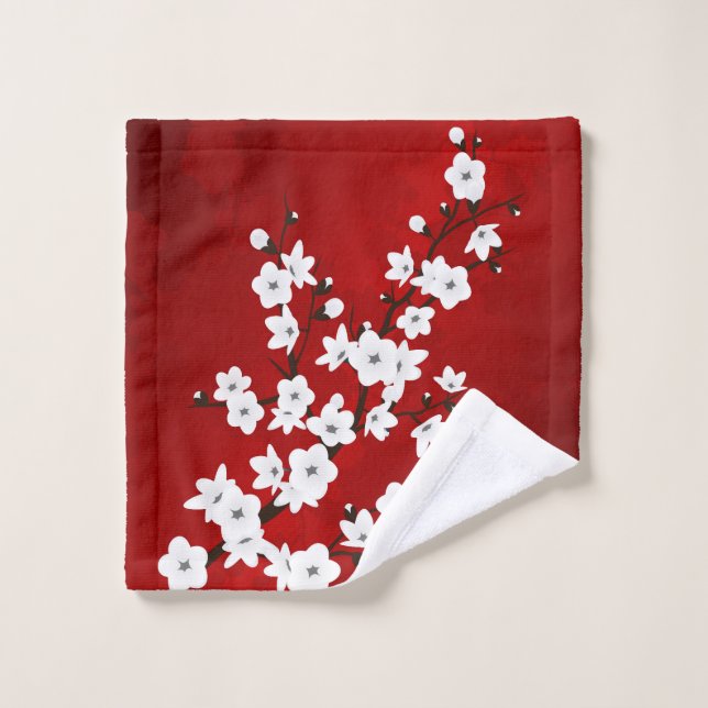 Asia Floral White Cherry Blossom Red Wash Cloth (Wash Cloth)