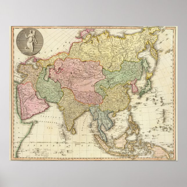 Asia Hand Coloured Map Poster (Front)