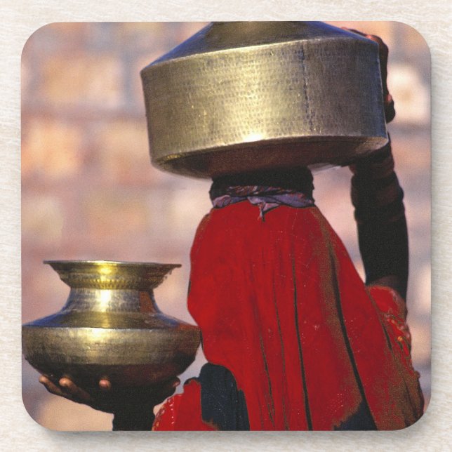 Asia, India, Rajasthan. A local woman in a red Coaster (Front)