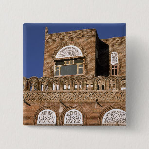 Asia, Yemen, Sana'a. Yemeni architecture detail. 15 Cm Square Badge