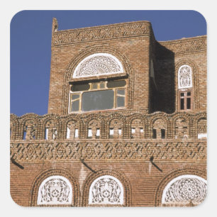 Asia, Yemen, Sana'a. Yemeni architecture detail. Square Sticker