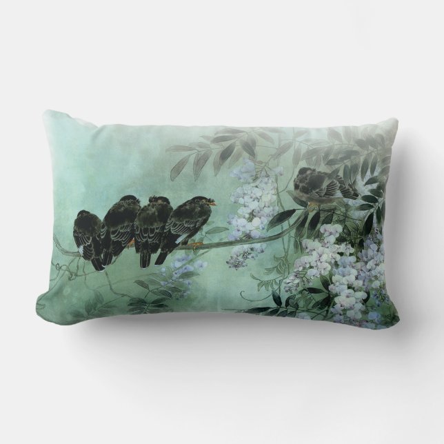 Asian Art Birds on a Wisteria Branch Lumbar Cushion (Front)